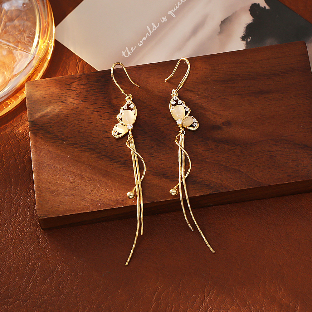 仙女风长流苏猫眼石耳环高级感时尚优雅气质耳饰女百搭方圆