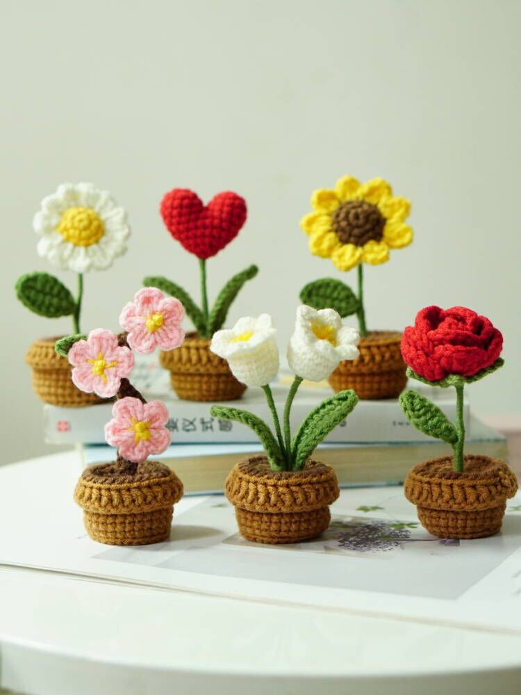 POTTED FLORETS DIY MATERIAL PACKAGE HANDMADE CROCHET WOOL TO MAKE SUNFLOWER ROSE MINI CAR ORNAMENTS