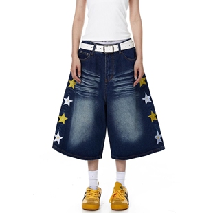 休闲中裤 美式 街头简约宽松五分裤 夏季 潮 潮流水洗牛仔五分裤