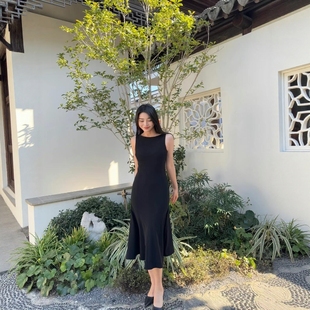 Theory三醋酯混纺中长裙收腰无袖船领鱼尾伞形连衣裙女P0109604