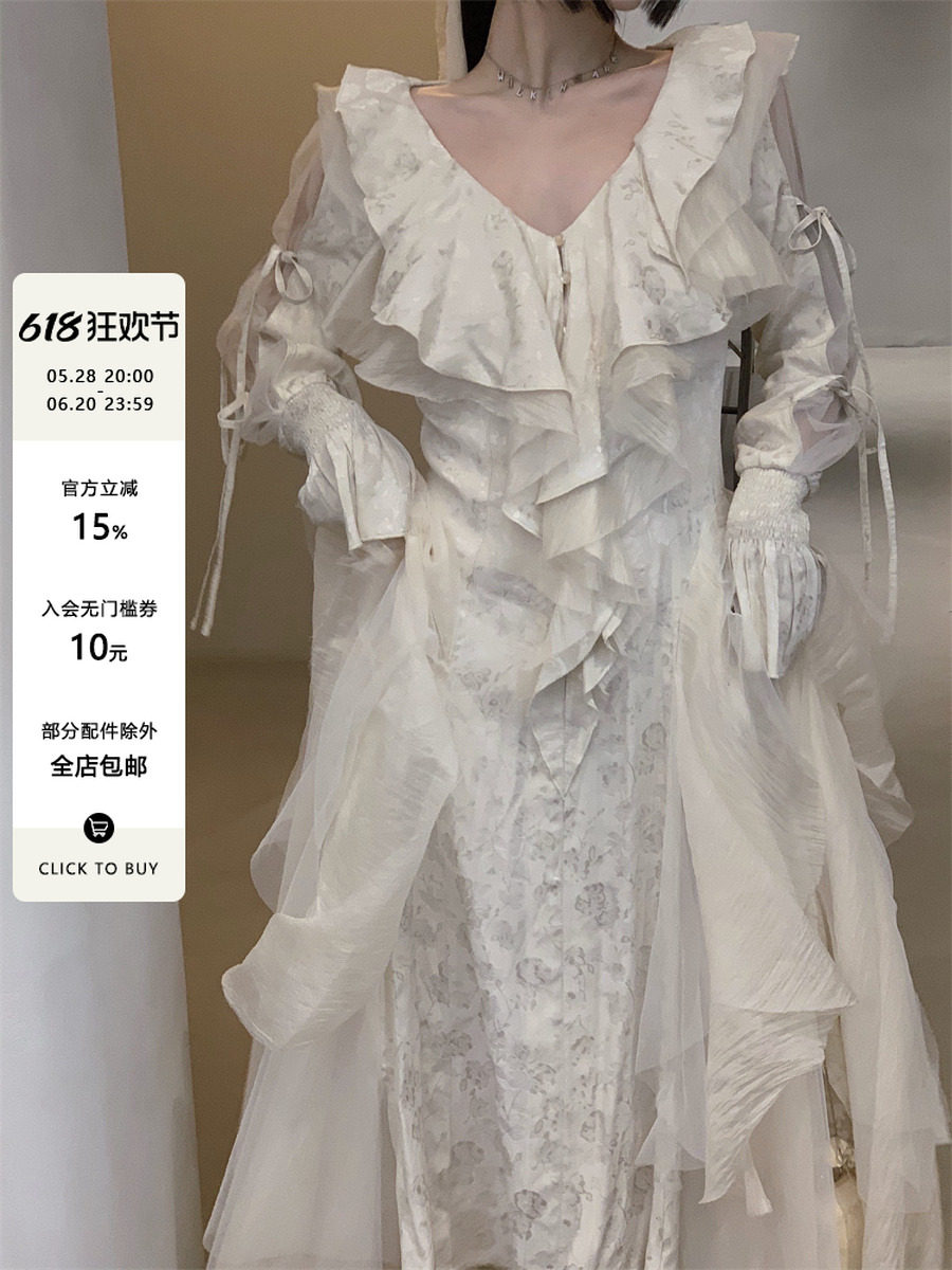 WALKINDARK]Flowering Life Flowers~Princess fairy long-sleeved white dress with high-end light wedding dress for women