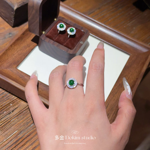 S925纯银天然危料翡翠A货高级满绿豪镶满钻戒指新中式送妈妈首饰
