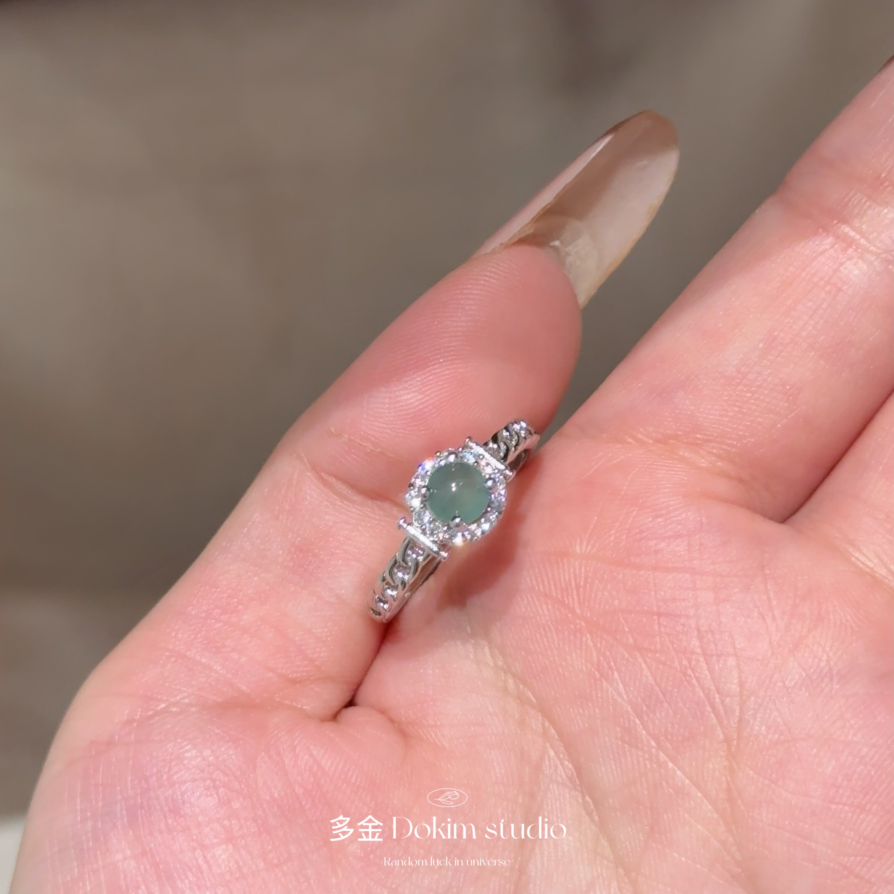 S925纯银天然A货翡翠小鼻嘎蛋面简约款戒指可调节高级感百搭首饰