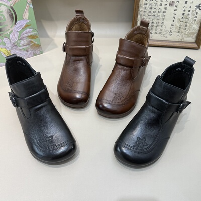 2025新款真皮牛皮女鞋妈妈软底豆豆脚蹬复古马丁靴单鞋女靴