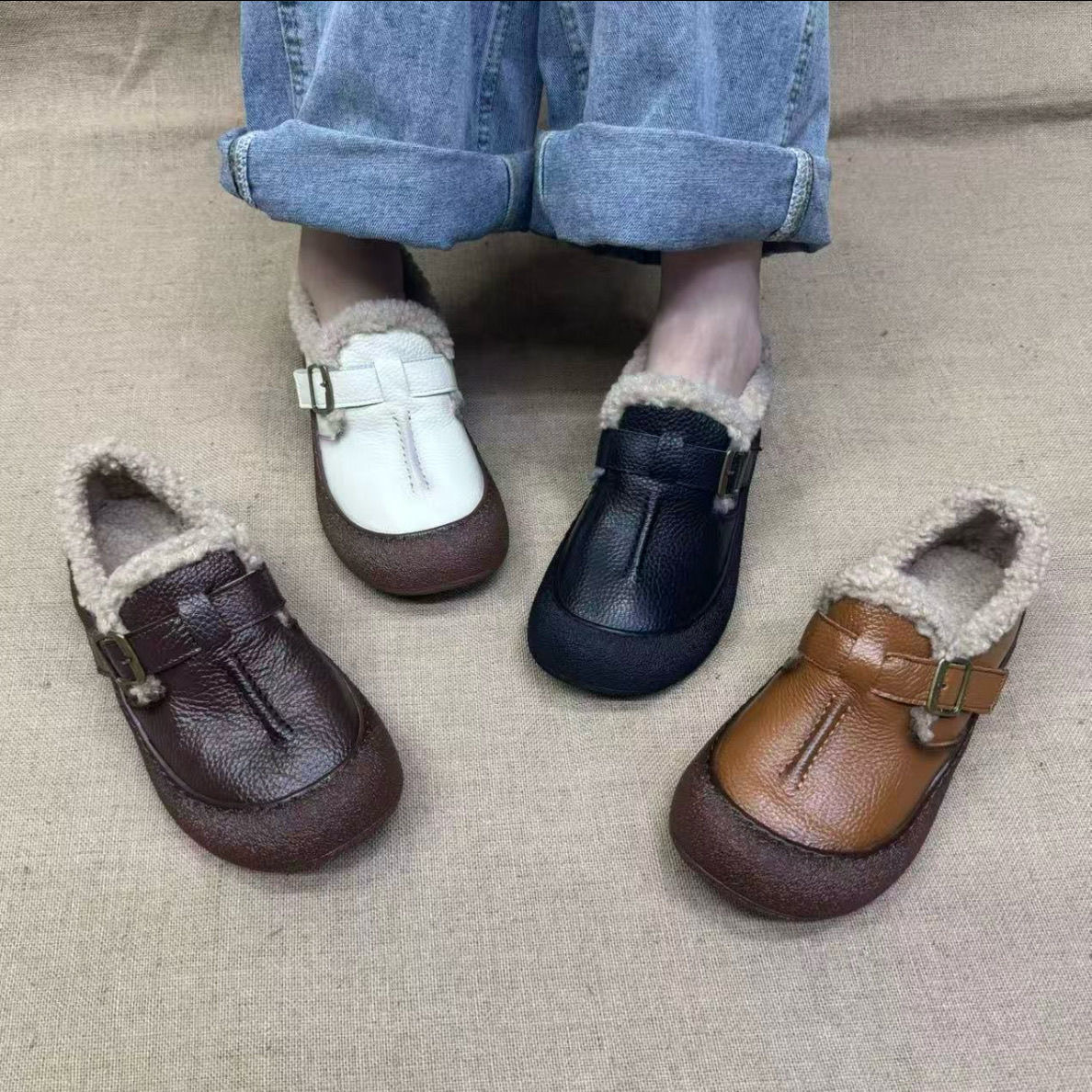 2025秋冬新款真皮牛皮女鞋加绒软底豆豆毛毛鞋脚蹬复古加绒乐福鞋