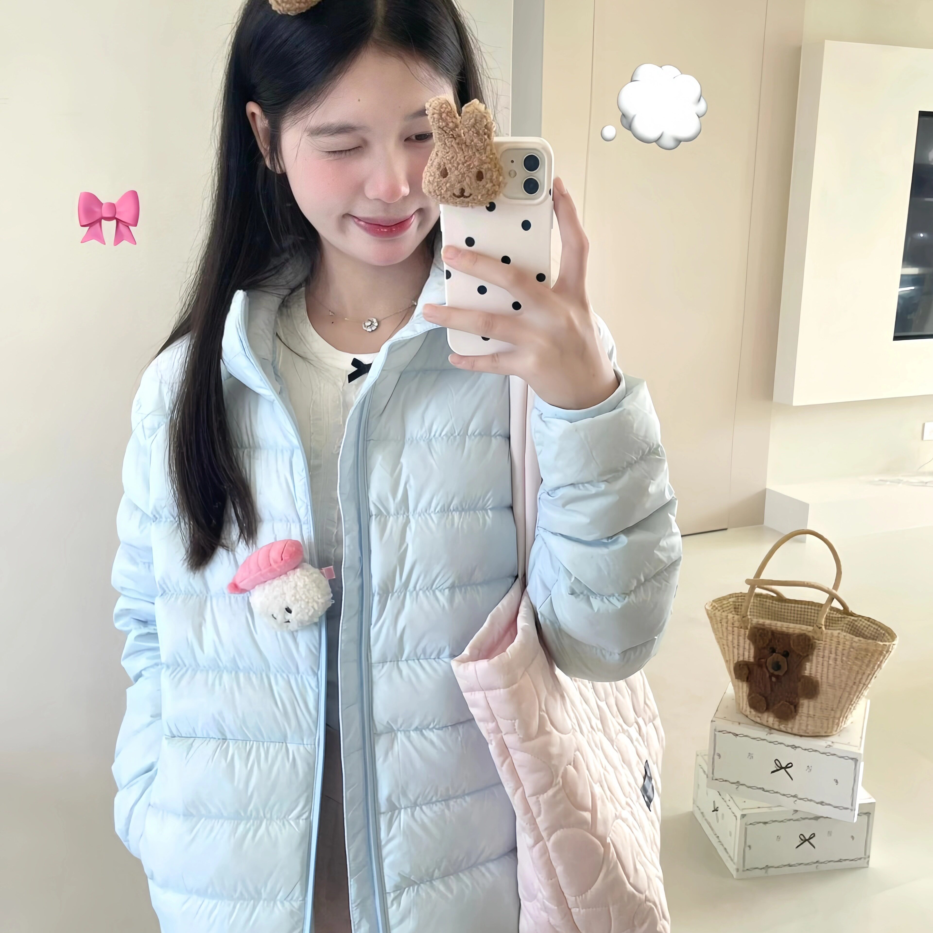 蓝色排骨羽绒服女短款冬季2026新款轻薄款连帽修身白鸭绒秋冬外套