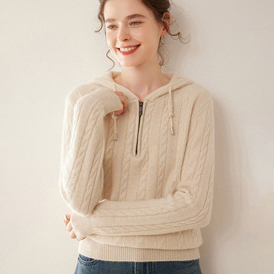重磅加厚100纯山羊绒衫女连帽卫衣宽松麻花针织毛衣带帽休闲外套