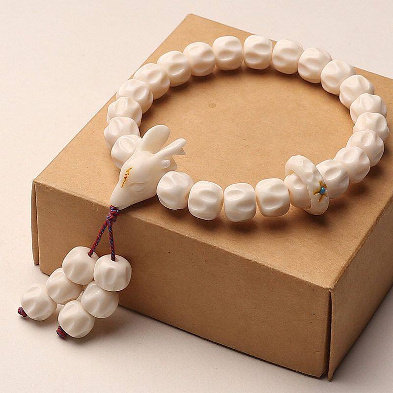 天然鹿角百香籽雕刻手串一路有你手链佛珠鹿头三通牙骨角心料文玩