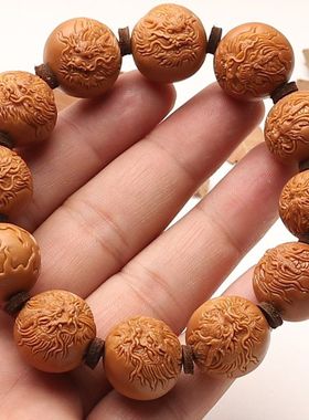 纯手工雕刻圆珠单圈手串铁核九龙献瑞文玩男盘玩手链石破惊天浮雕