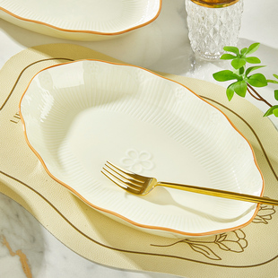 陶瓷蒸鱼盘子家用新款奶油风花边海鲜蒸盘微波炉专用清蒸红烧鱼盘