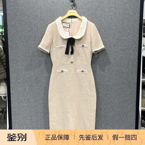 万物二奢 99新 Gucci/古驰 米杏粗花昵娃娃领无袖连衣裙40码6532