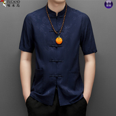 短袖 中年爸爸装 立领中国风套装 啄木鸟男士 夏季 新款 休闲唐装 衬衣男