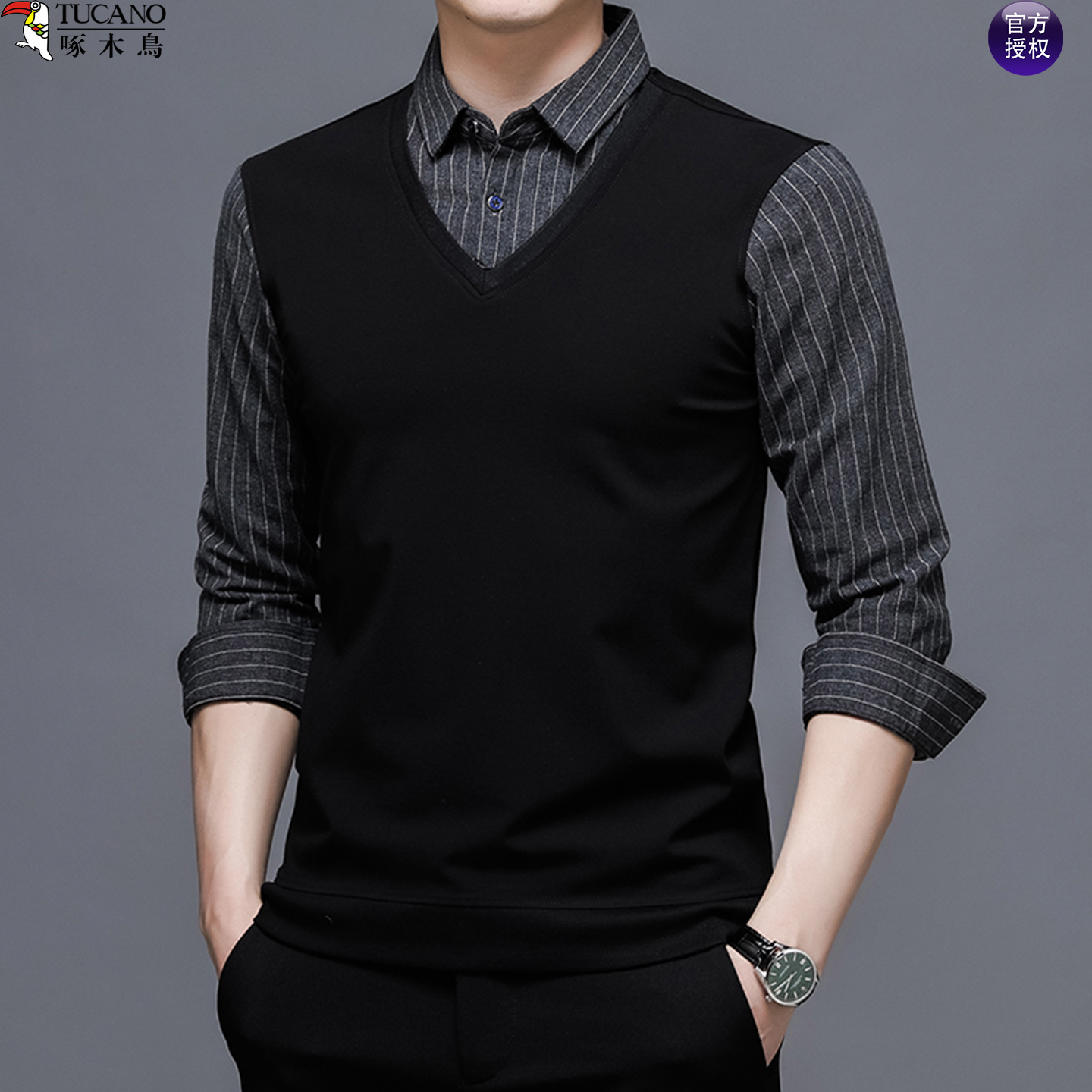 啄木鸟假两件针织衫男士