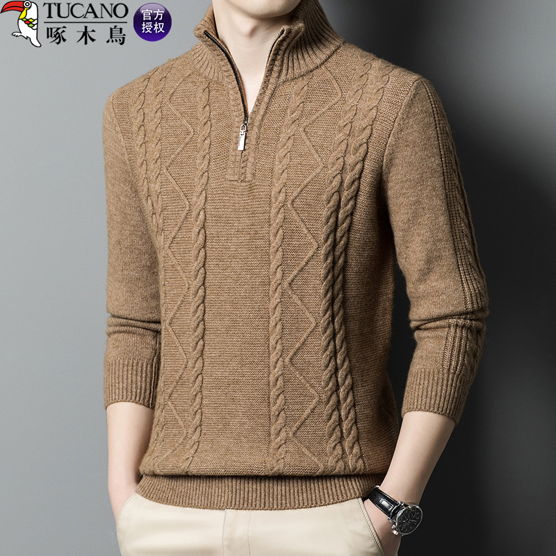 啄木鸟男士冬季加厚保暖半高领拉链宽松休闲针织打底衫毛衣中年装