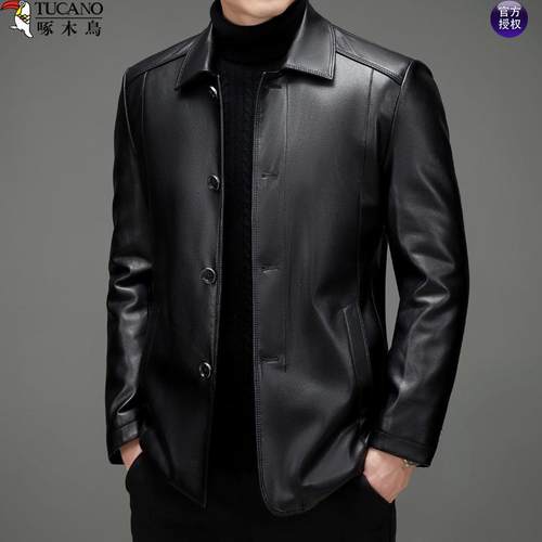 中年男士真皮翻领薄款皮衣