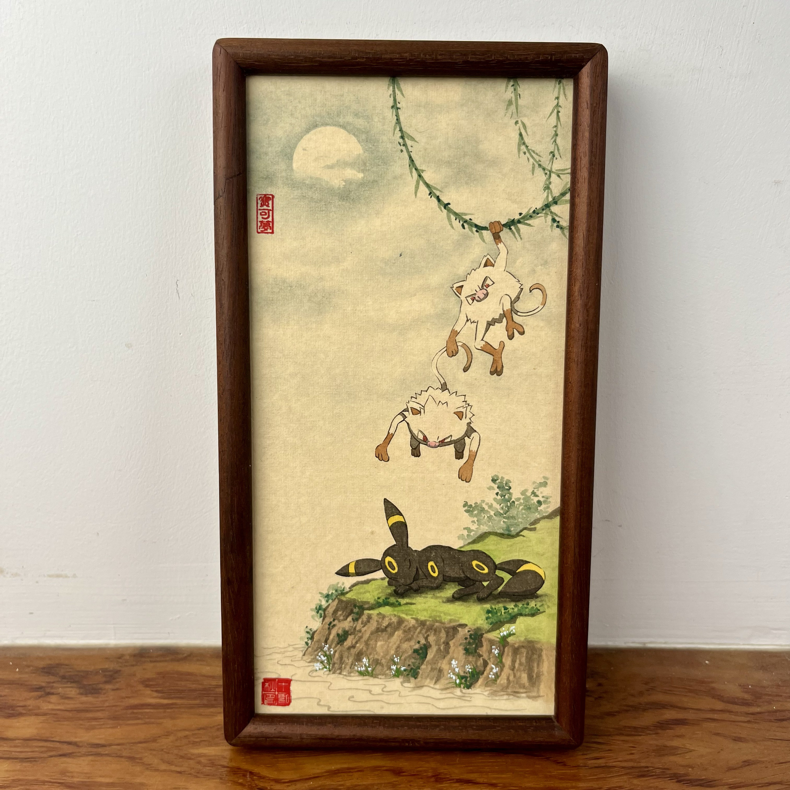 【纯手绘】十二秋中国风宝可梦山水画桌面摆台实木相框装饰画