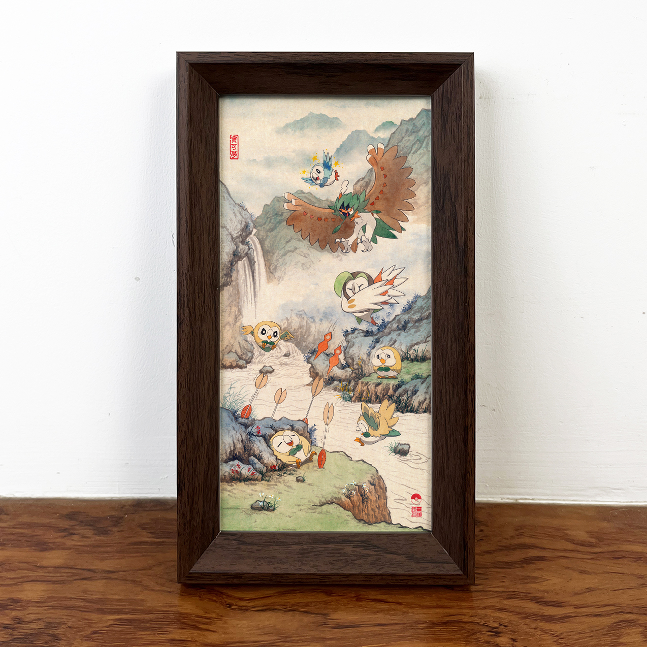 十二秋瞌睡木木枭中国风宝可梦山水画狙射树枭创意装饰画桌面摆件