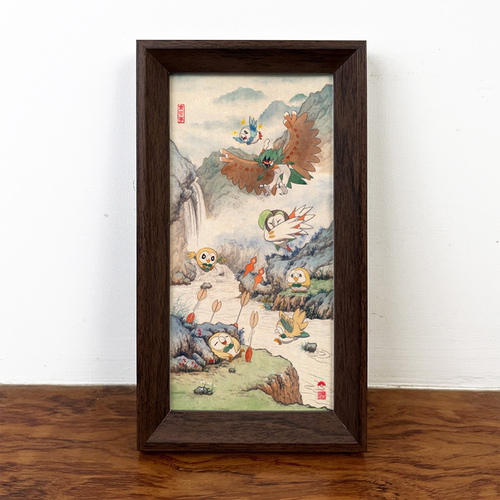 十二秋瞌睡木木枭中国风宝可梦山水画狙射树枭创意装饰画桌面摆件