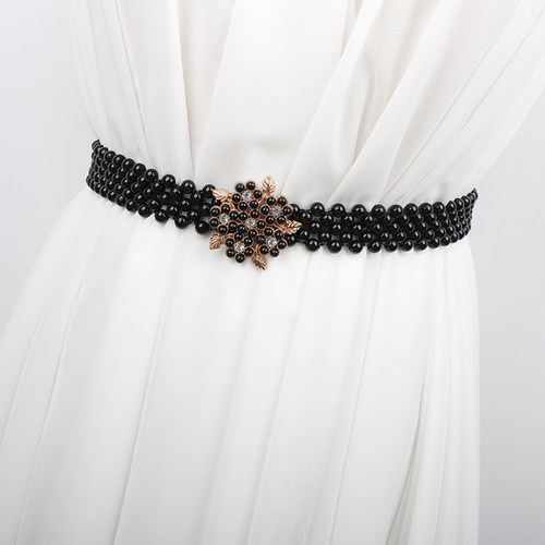 弹力珍珠腰链腰带韩版百女士连衣裙松紧水钻装饰束腰裙子时尚百搭