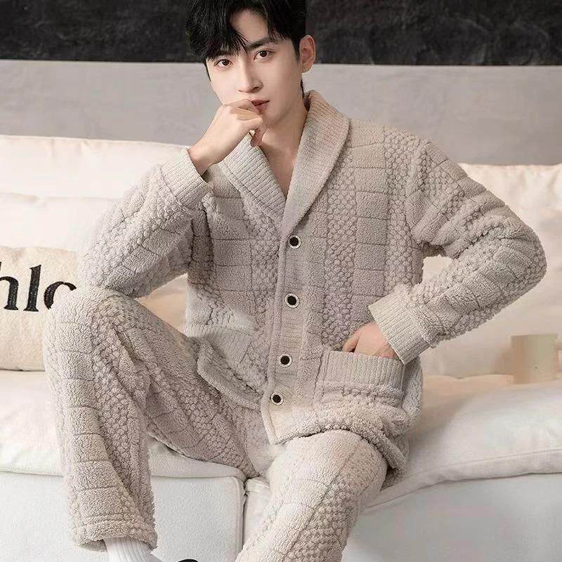 木叙成衣睡衣男秋冬款法兰绒加绒保暖珊瑚绒翻领冬V开衫家居服套