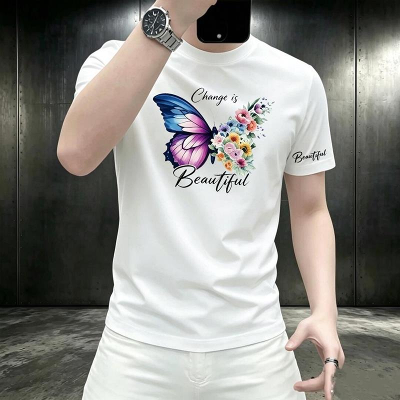 Pilotis2026新款夏季潮流花蝴蝶男士印花圆领短袖T恤痞帅百搭上衣