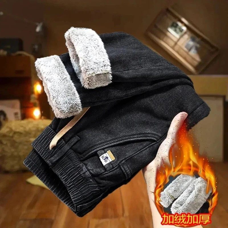 云锦轻奢加绒加厚保暖雪狐绒男士牛仔裤秋冬直筒弹力松紧腰男裤子
