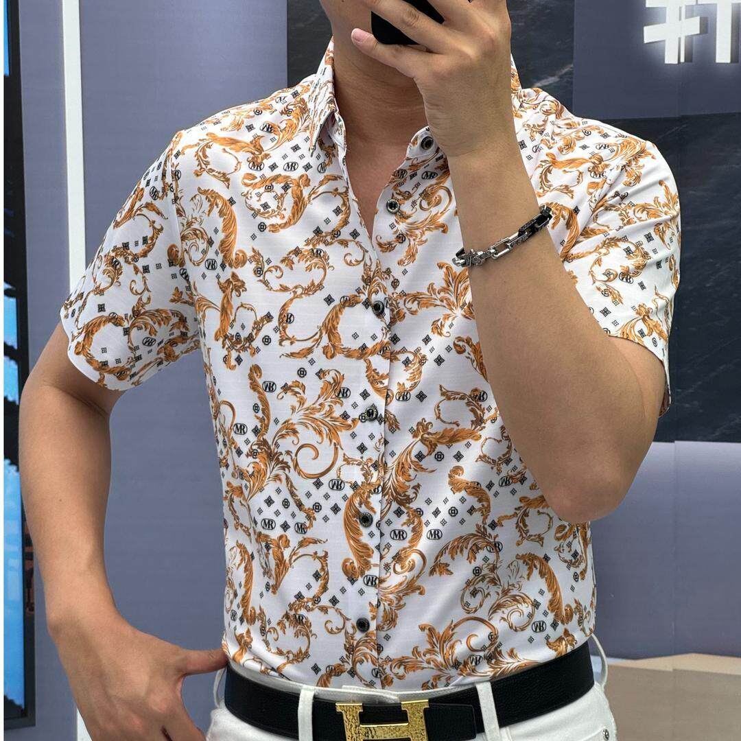 尤米轻奢LMVQ 2026男款免烫抗皱休闲薄款透气印花短袖衬衫衬衣