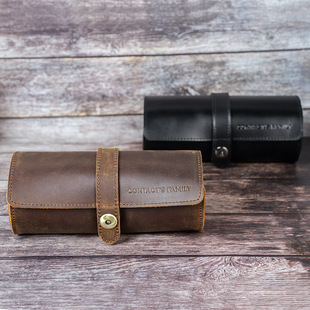 2023年新款contacts family真皮疯马皮手表盒3只装圆形搭扣户外旅行手表收纳盒三块收藏手表收纳包防摔