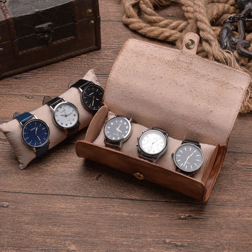 复古树膏皮圆形手表盒三位装