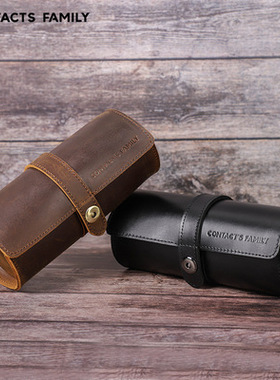 新款contacts family真皮手表盒3只装圆形搭扣户外旅行手表收纳盒疯马皮三只装收纳包