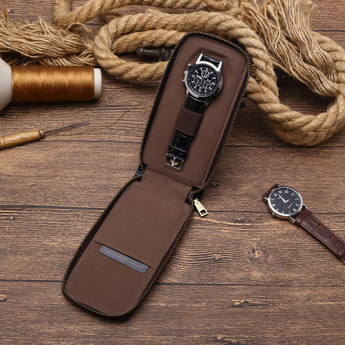 真皮头层红棕色牛皮手表袋单只装