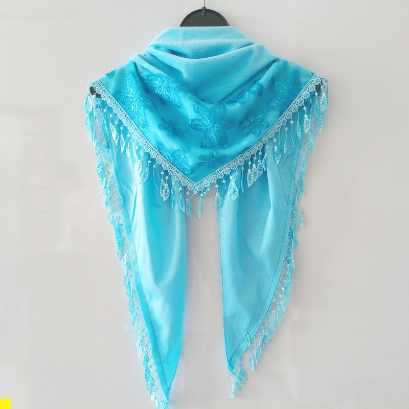 女秋冬保暖加厚披肩韩版围巾百搭三角巾女绣花拼接蕾丝丝巾