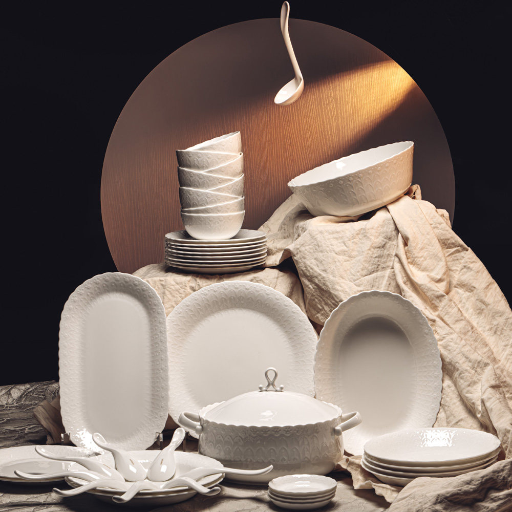 日本NARUMI鸣海Silky White系列4人份/8人份中餐组锅盘套骨瓷