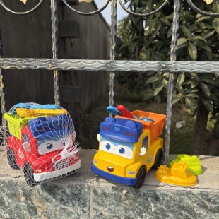 夏天校车巴士沙滩车5件套装海边挖沙子铲子工具男孩子警车救援车