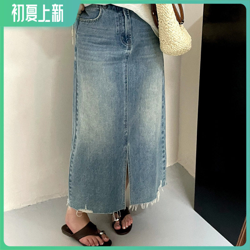 2026时尚夏胖mm开叉半身裙大码女装高腰百搭直筒裙女复古牛仔裙