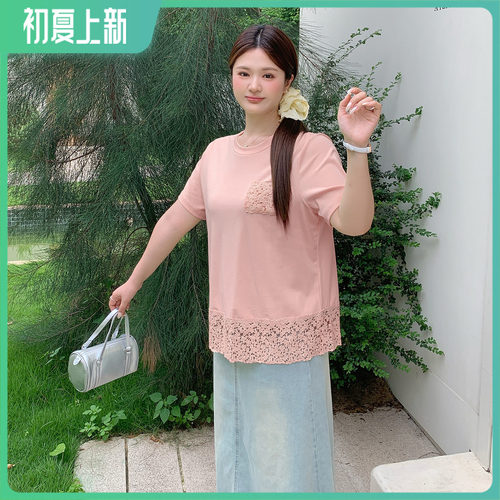 夏显瘦大码拼接蕾丝宽松T恤