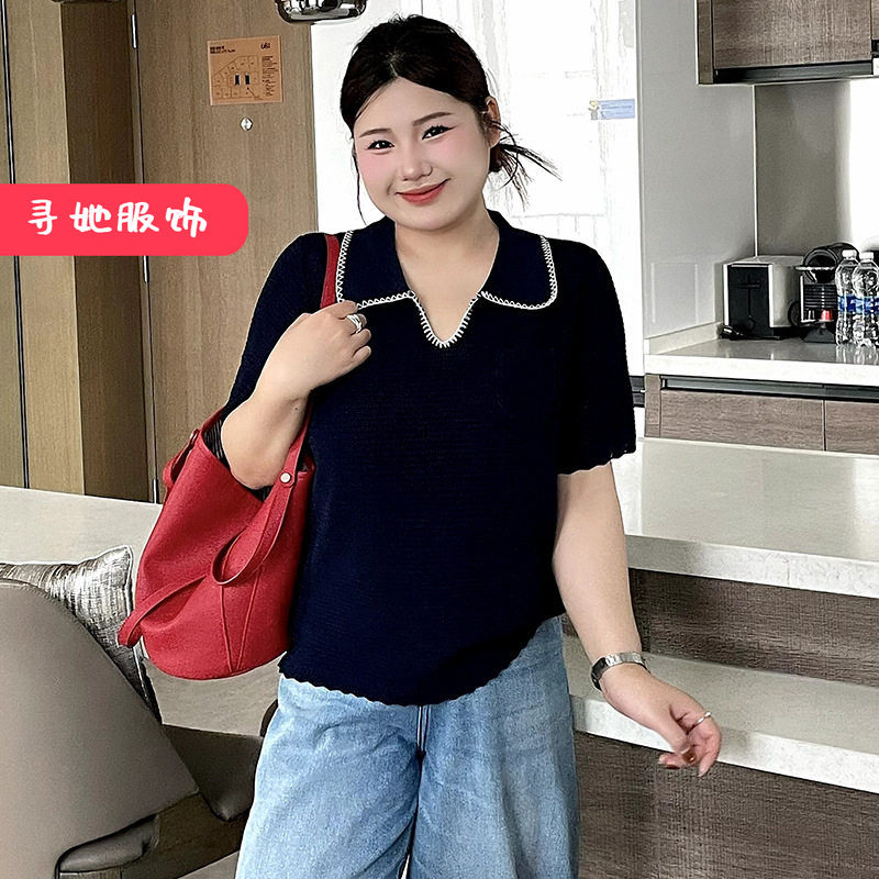 2026夏款胖mm大码女装镂空polo领上衣百搭休闲针织短袖t恤女