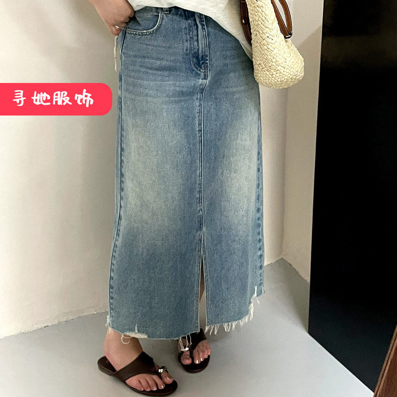2026时尚夏胖mm开叉半身裙大码女装高腰百搭直筒裙女复古牛仔裙