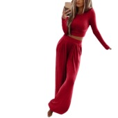 2023秋冬欧美跨境TEMU亚马逊wish女装 女 纯色针织休闲居家两件套装