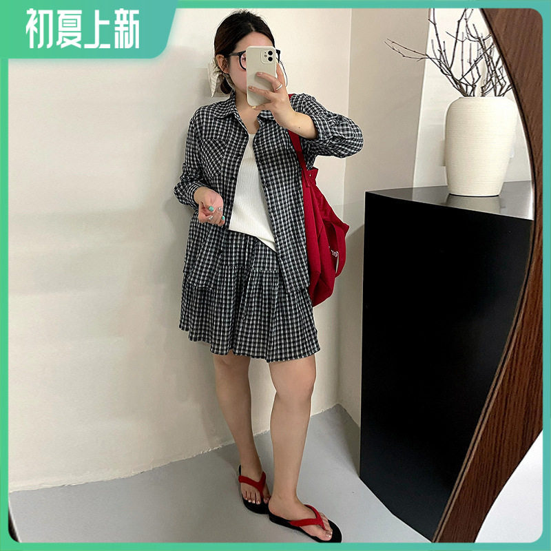 2026夏款胖mm显瘦复古格子三件套大码女装衬衫女半身裙套装