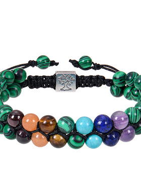 速卖通ETSY热卖6mm孔雀石双层编织手链双排七彩石手链生命树手饰