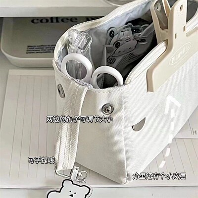 小红书同款ins简约纯色帆布大容量高颜值笔袋学生文具功能收纳袋