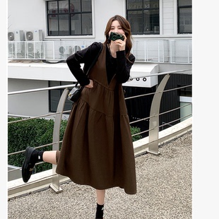 法式 新款 甜美气质孕妇A字裙 连衣裙秋季 出货咖色假两件拼接中长款