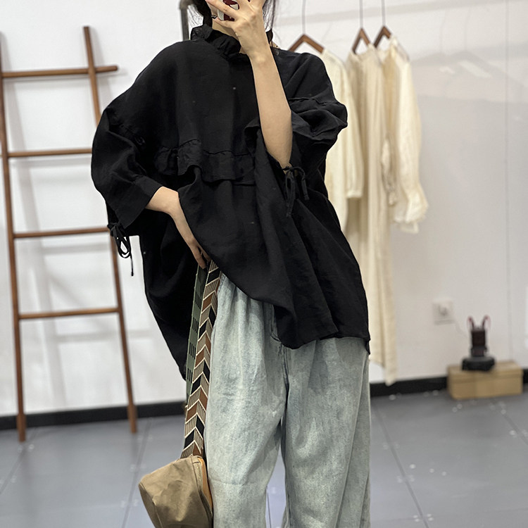 2026早春大码女装宽松韩版轻奢简约气质网纱中袖棉麻轻薄透款衫