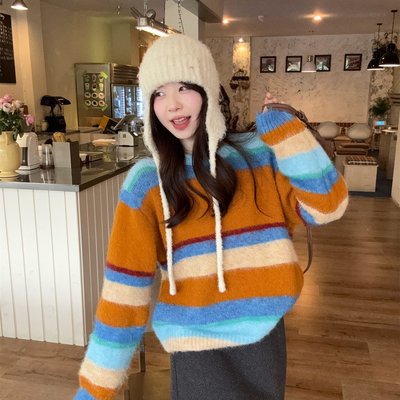2025秋冬新款韩版拼色条纹撞色宽松长袖毛衣女宽松针织衫