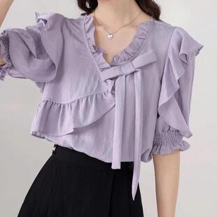 2026夏装新款大码温柔风短袖衬衫小众设计感荷叶边漂亮百搭上衣女