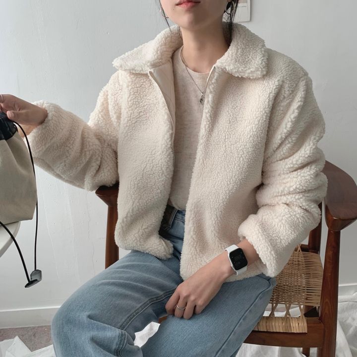 chic 韩国秋冬慵懒休闲时尚翻领羊羔毛加厚短款夹克棉衣外套