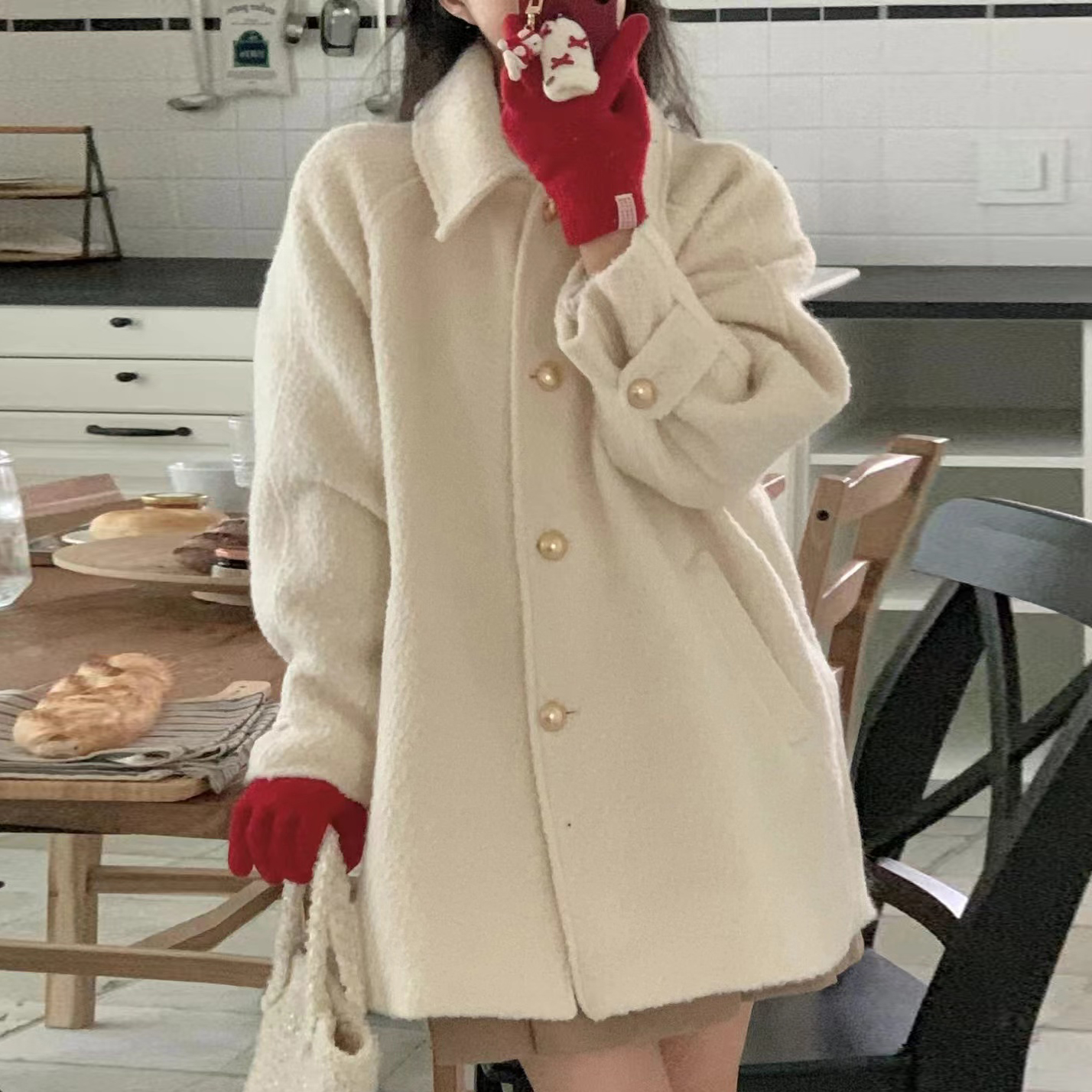 INS博主款 气质温柔氛围感翻领宽松休闲毛呢大衣外套