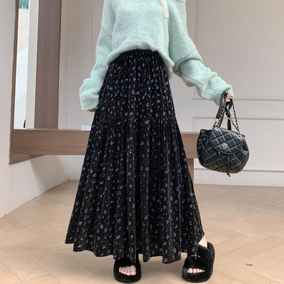 2025新款复古金丝绒碎花半身裙女秋冬季高腰显瘦a字伞裙休闲长裙
