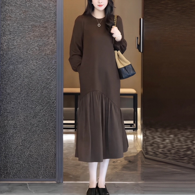 极简美拉德色系拼接鱼尾连衣裙女2025冬季新款大码胖MM气质裙子..